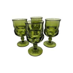 Set Of 4 Vintage Green Indiana Glass Kings Crown Thumbprint Goblets 5.5”